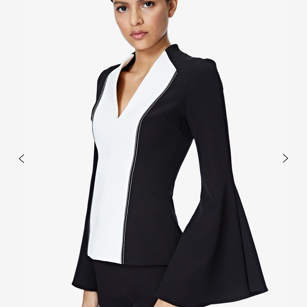 Black and White Contrast V-Neck Blouse with Bell Sleeves - Picture 7 of 10
